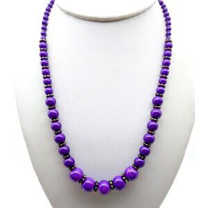 Purple Art Glass Beaded Necklace, Graduated Vibrant Beads with Black Drizzle